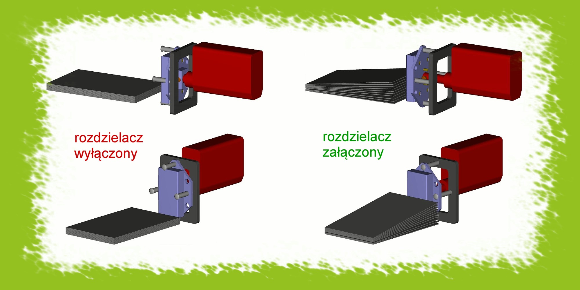 Ilustracja pracy magnetycznego rozdzielacza blach typu MRB-T, sprzęgniętego z siłownikiem liniowym LA-50.